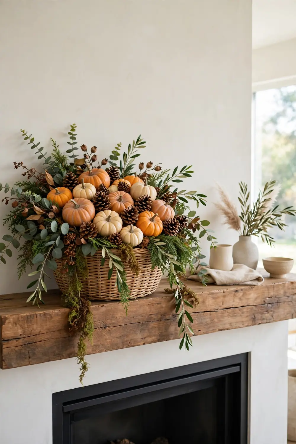 Harvest basket anchor on the mantel Thanksgiving mantel decor with a harvest basket anchor filled with pumpkins and pine