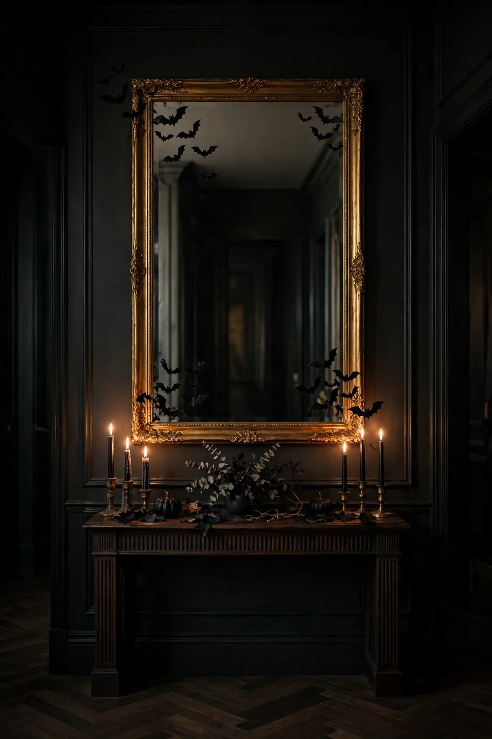 Mirror corners decorated with removable bat decals, a clever last minute halloween decor idea
