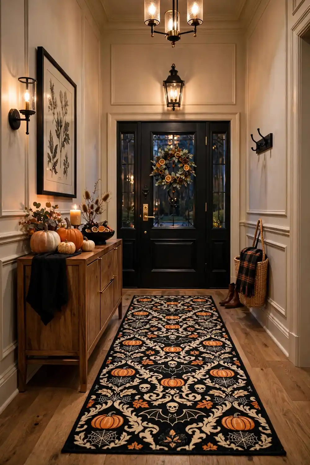 Haunted Runner Rug in the Foyer Spooky patterned runner rug in black cream and orange leading through a foyer, stylish halloween entryway decor idea