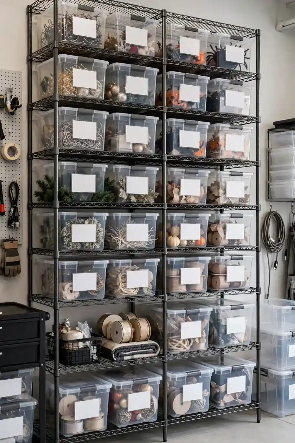 Holiday Storage Hub Shelves Dedicated holiday storage hub with shelving holding organized labeled bins, wreath bags, and tree storage, holiday decor storage ideas