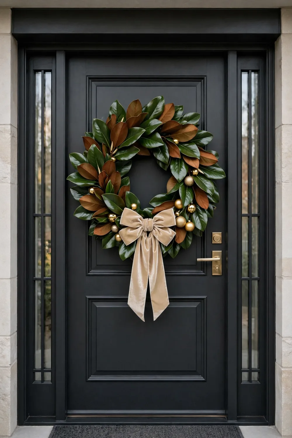 Elegant magnolia leaf Christmas wreath ideas with glossy green and gold leaves