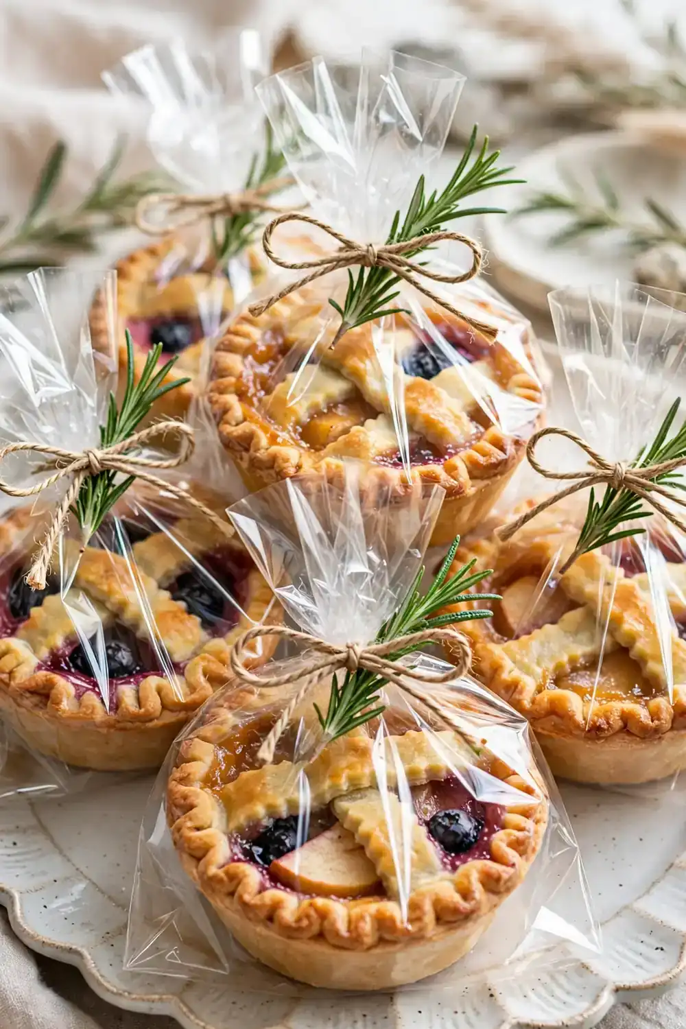 Mini pie party favors wrapped in cellophane with twine at each setting