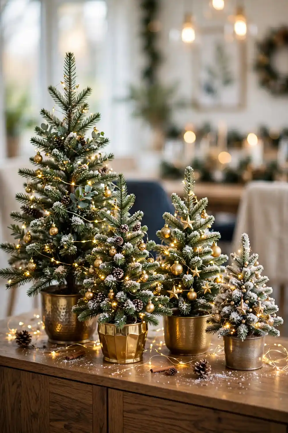 Christmas dining room decor, mini tree cluster Christmas dining room decor with a cluster of decorated mini Christmas trees on a sideboard