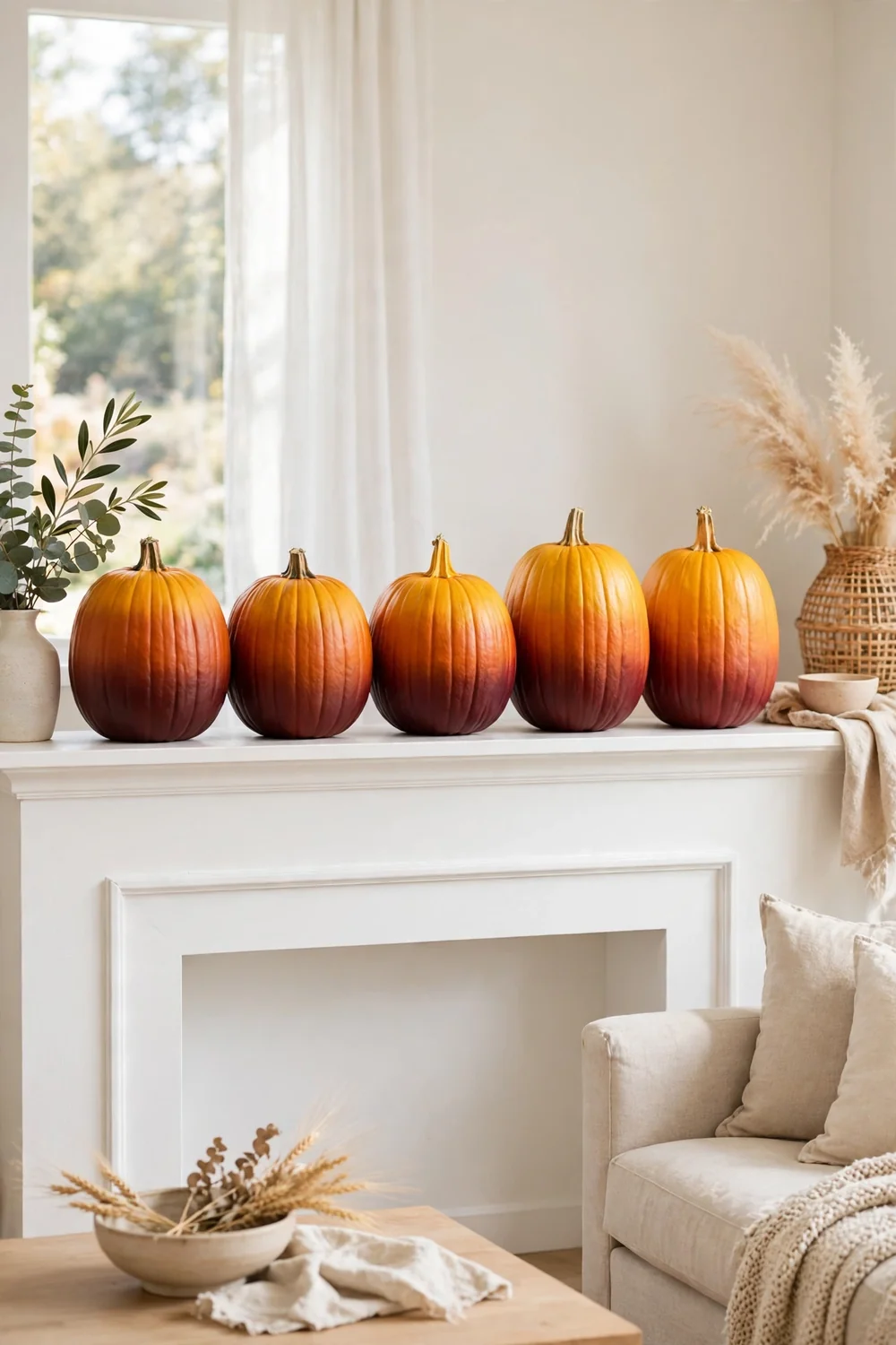 Pumpkins painted in a burgundy to orange to gold ombre gradient displayed in a row on a mantel