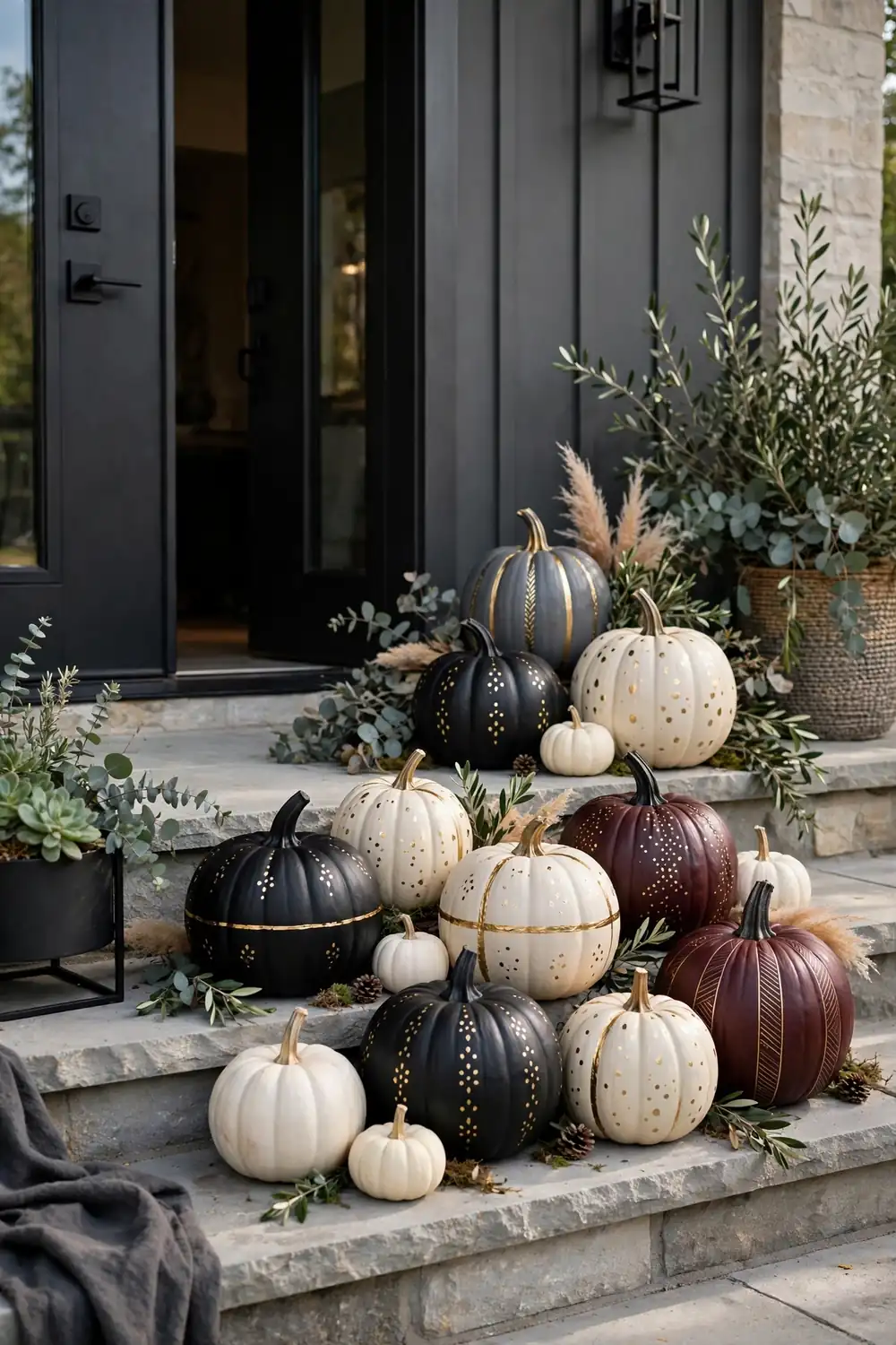 Painted Pumpkin Display Pumpkins painted in matte black, burgundy and cream with gold accents on porch steps, chic halloween front porch decor