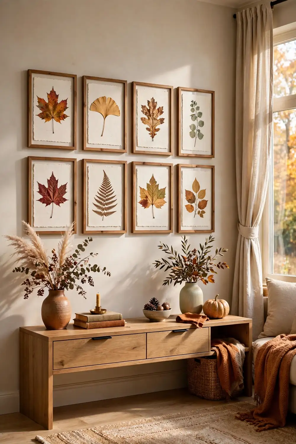 Framed pressed leaf botanical prints on a gallery wall, a cozy fall living room decor idea