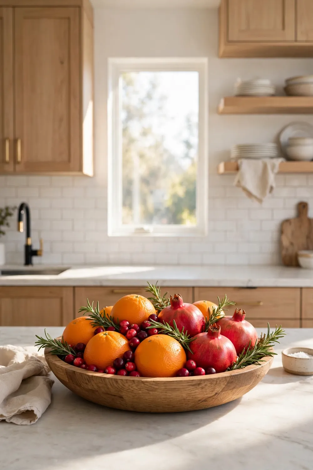 Seasonal Fruit Bowl with Oranges and Pomegranates Christmas kitchen decor ideas with a seasonal fruit bowl of oranges, cranberries and pomegranates on a counter