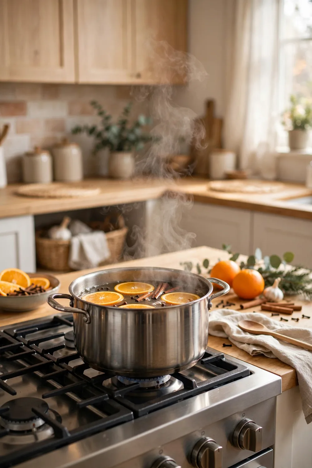 Simmer Pot Stove Simmer pot with orange slices, cinnamon sticks and cloves on a stove, Thanksgiving kitchen decor