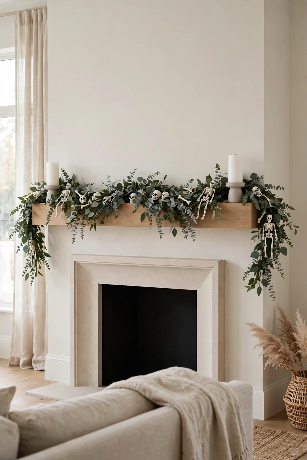 Skeleton garland Halloween mantel decor Elegant Halloween mantel with a skeleton garland and fresh eucalyptus