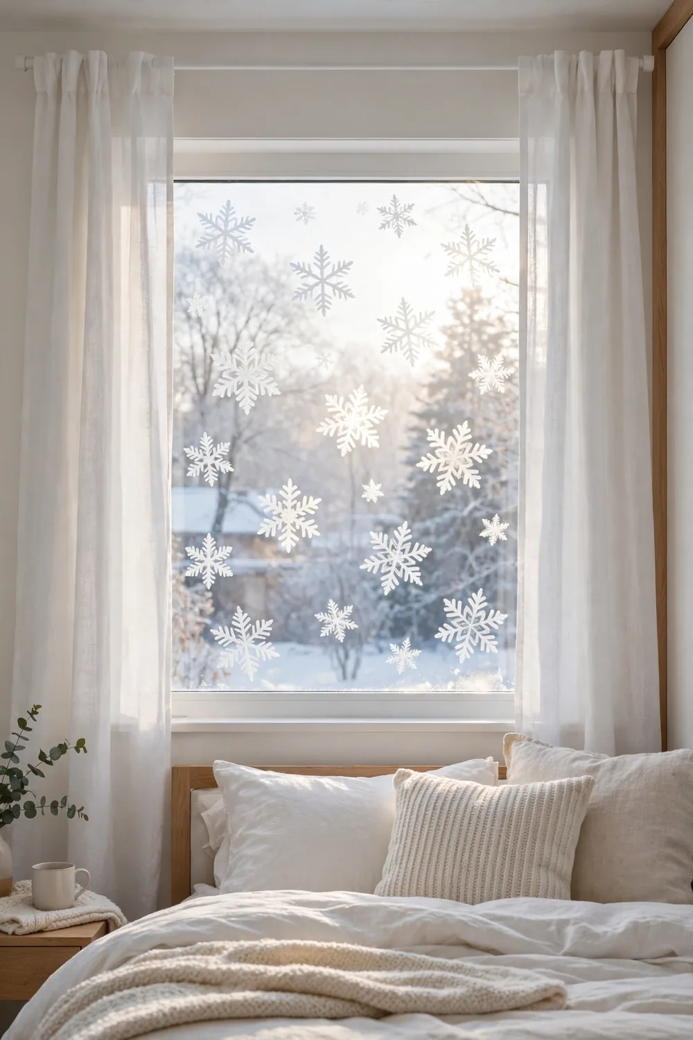 Sheer snowflake decals on the bedroom window Sheer snowflake decals on a bedroom window glowing in daylight, part of cozy christmas bedroom decor