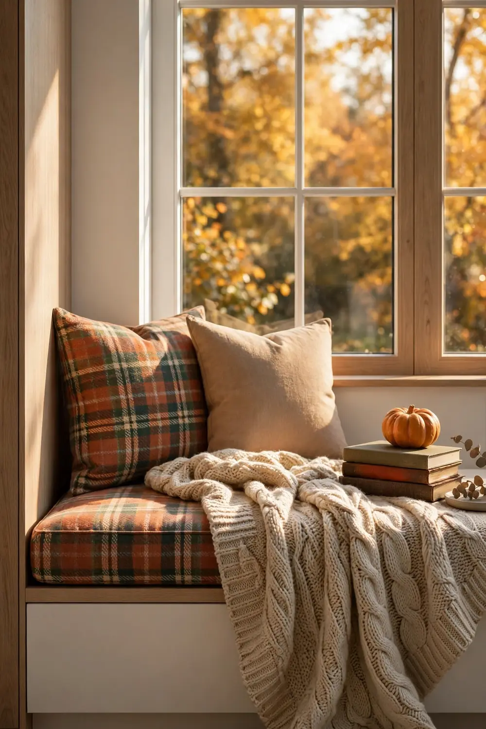 Cozy fall reading nook by the window with armchair and throw, thanksgiving living room decor ideas