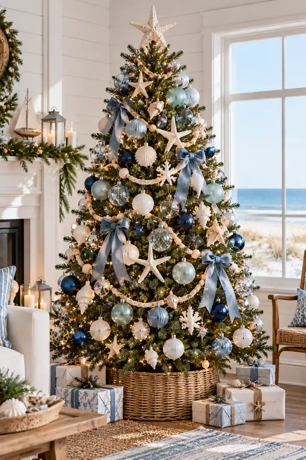 Coastal Christmas tree decorated with blue and white ornaments, starfish, shells, sea glass baubles, white rope garland, and silvery blue ribbon.