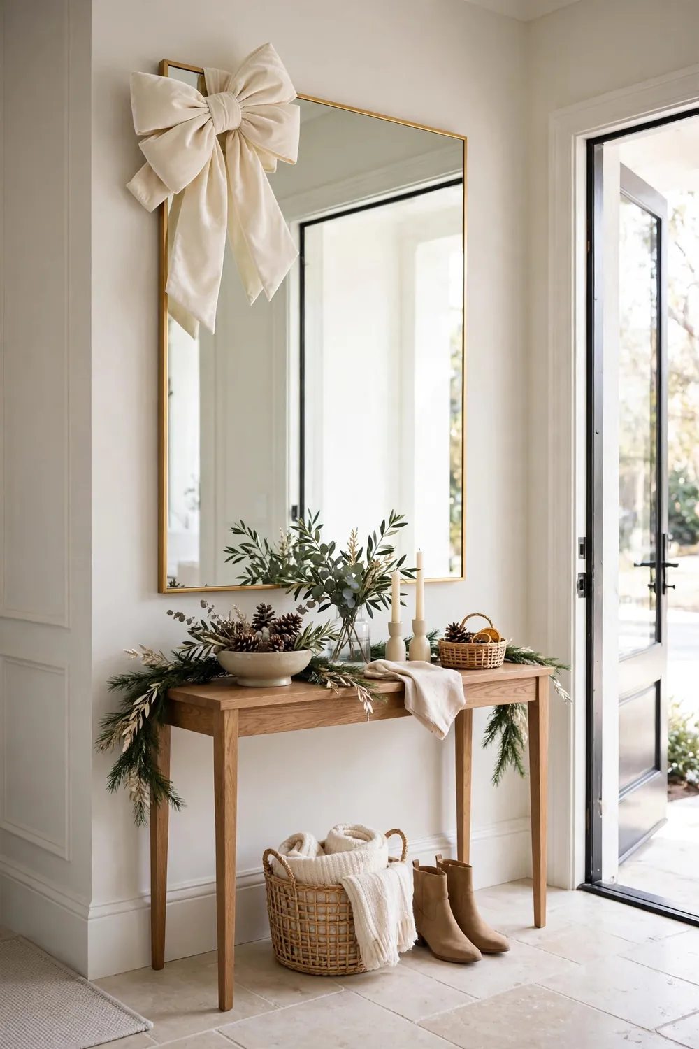 Bright entryway with a large wall mirror decorated with a big cream velvet bow on its top corner
