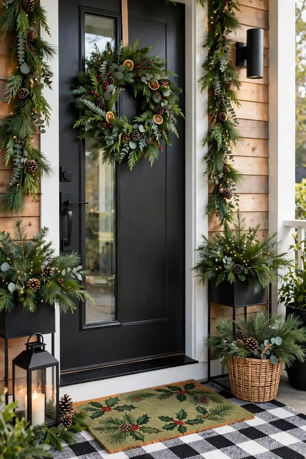 Layered Holiday Doormat and Rug Christmas Porch Decor Idea Layered holiday doormat over a patterned rug on a Christmas porch, a welcoming christmas porch decor idea