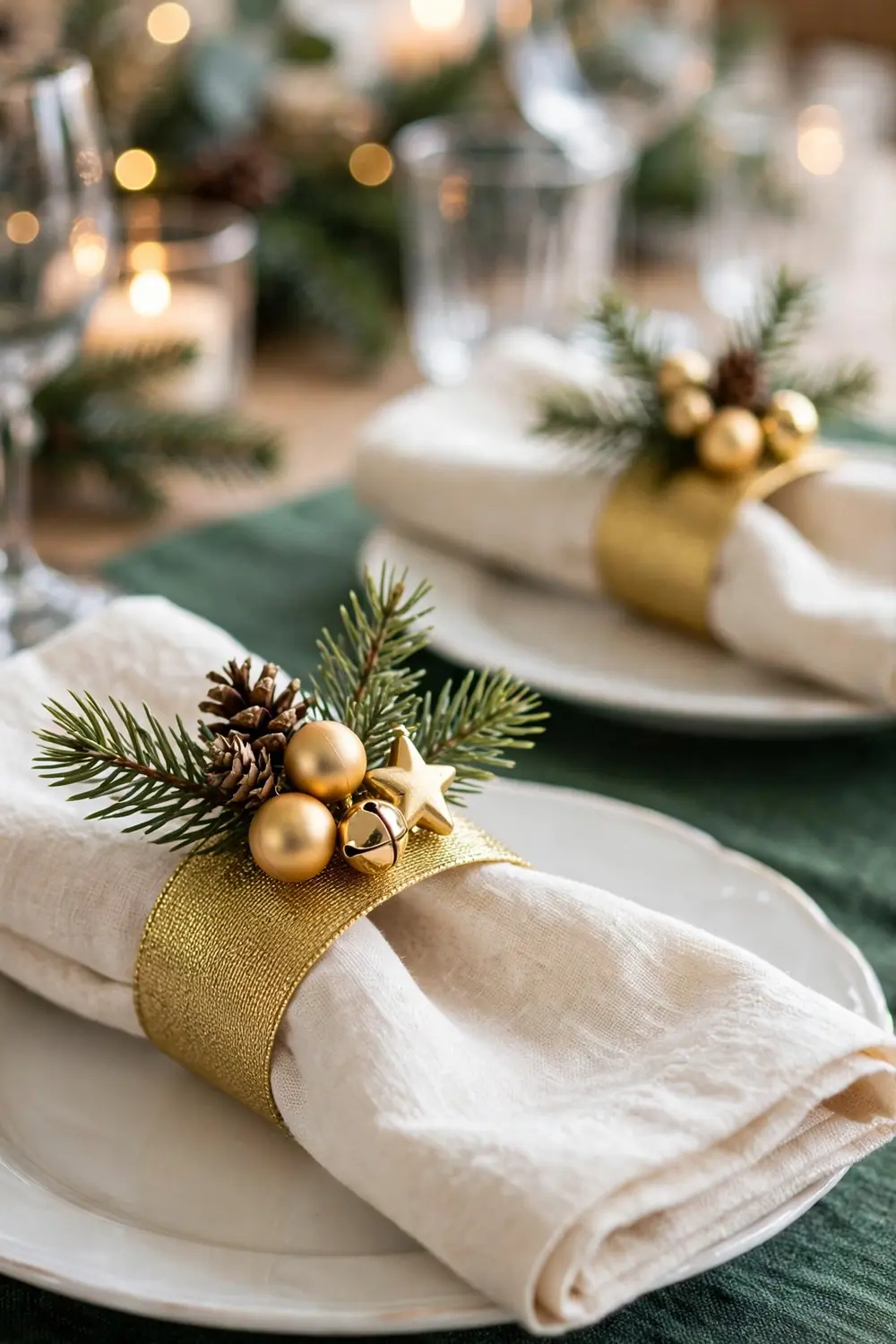 Christmas dining room decor, DIY napkin rings Christmas dining room decor with DIY napkin rings made of gold ribbon, pine sprigs and small ornaments