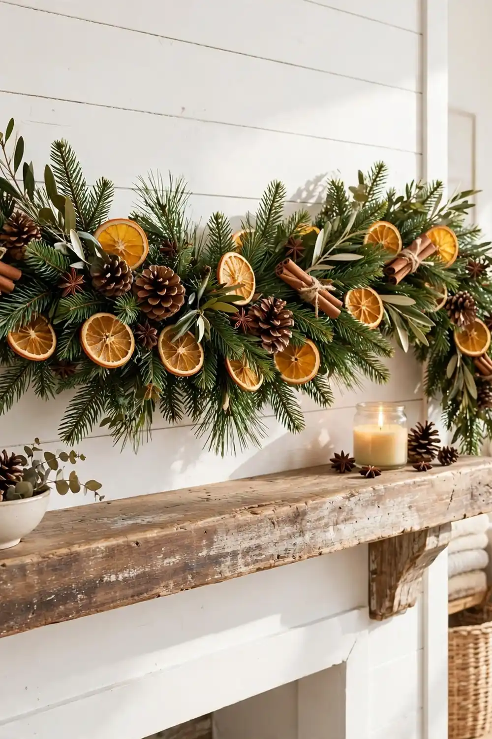 Natural pine garland decorated with dried orange slices, cinnamon sticks and pinecones for a rustic mantel