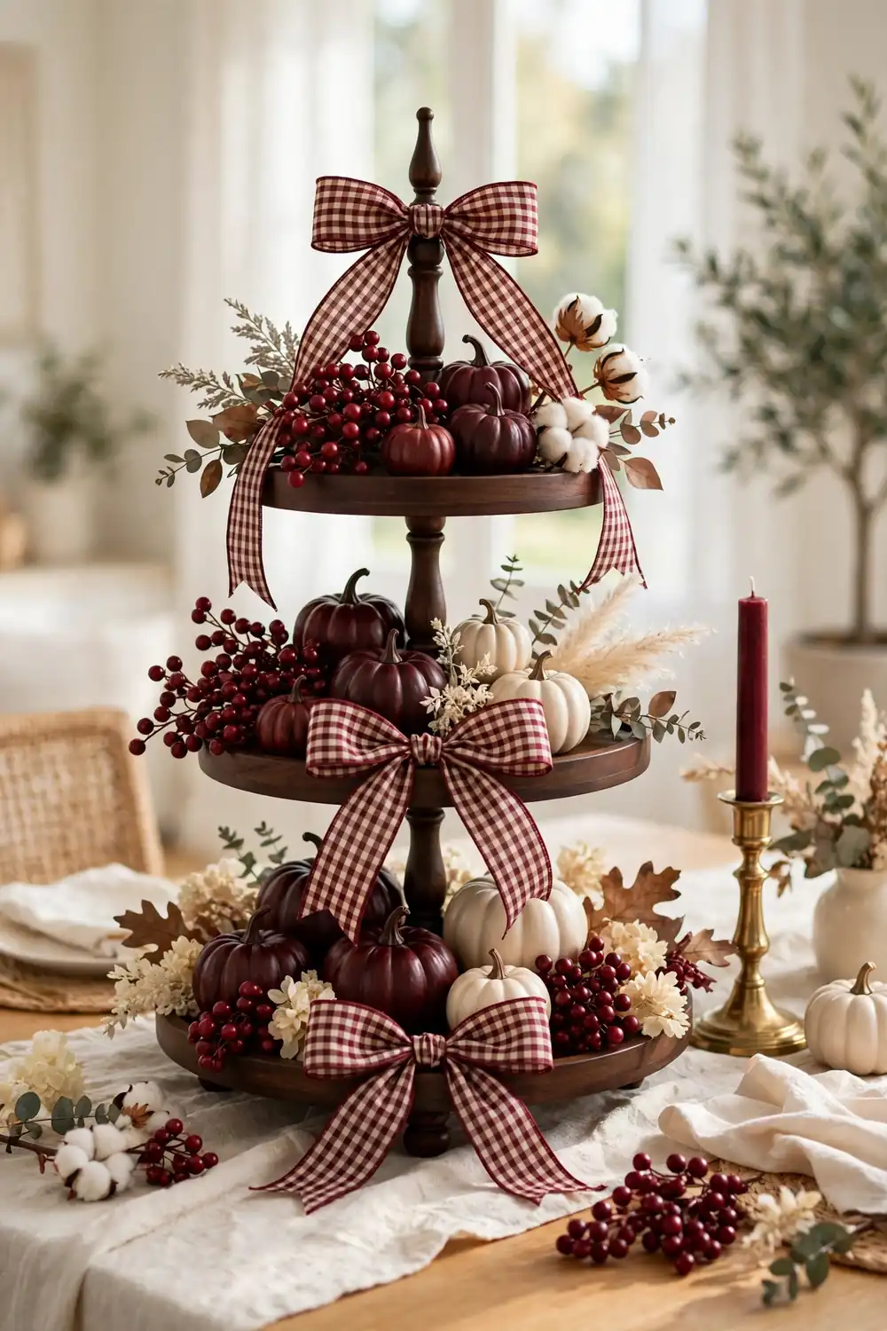 Fall tiered tray decor with gingham ribbon and rich burgundy accents