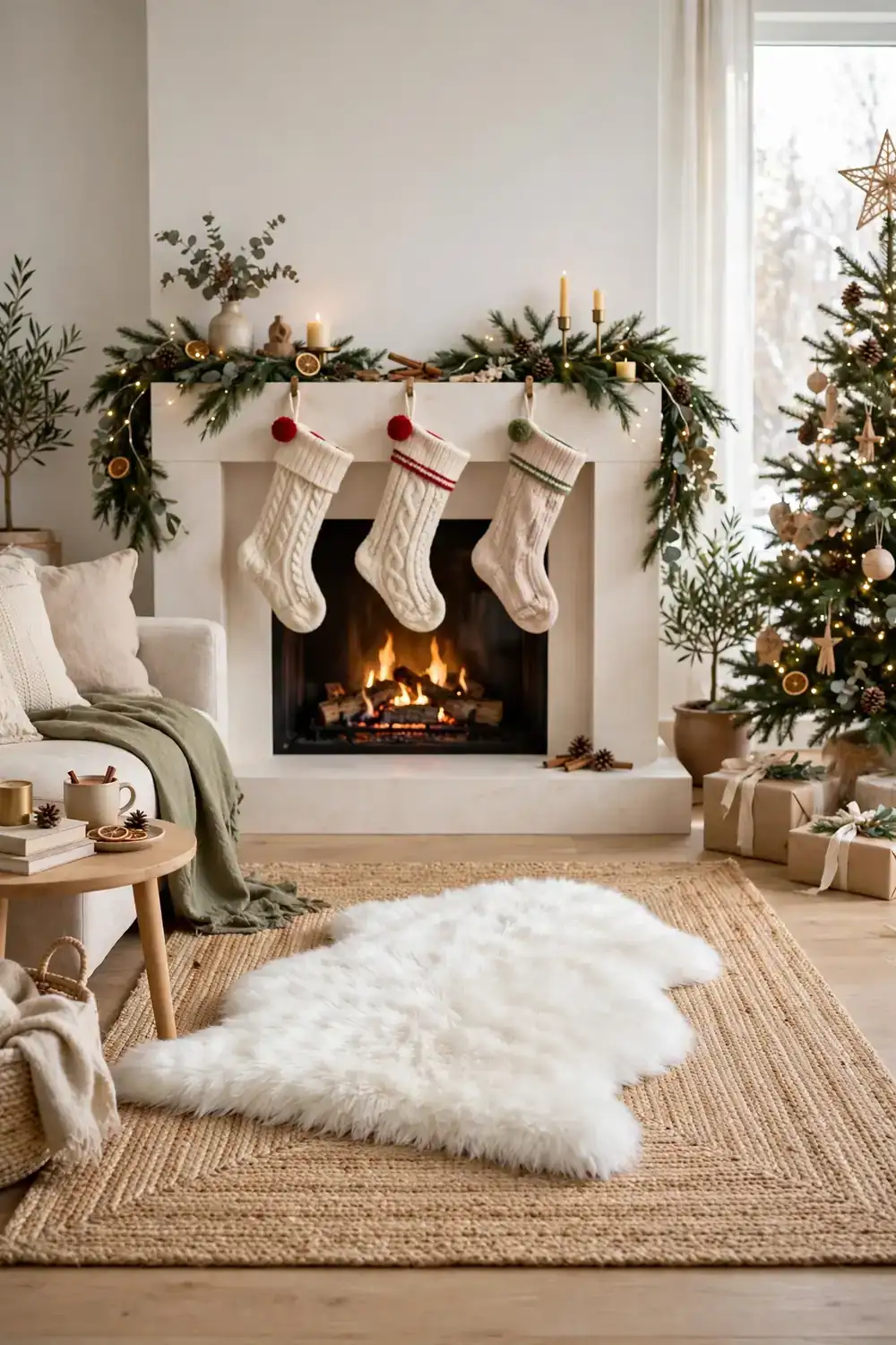 White faux fur rug layered over an area rug in a Christmas living room, cozy christmas living room decor
