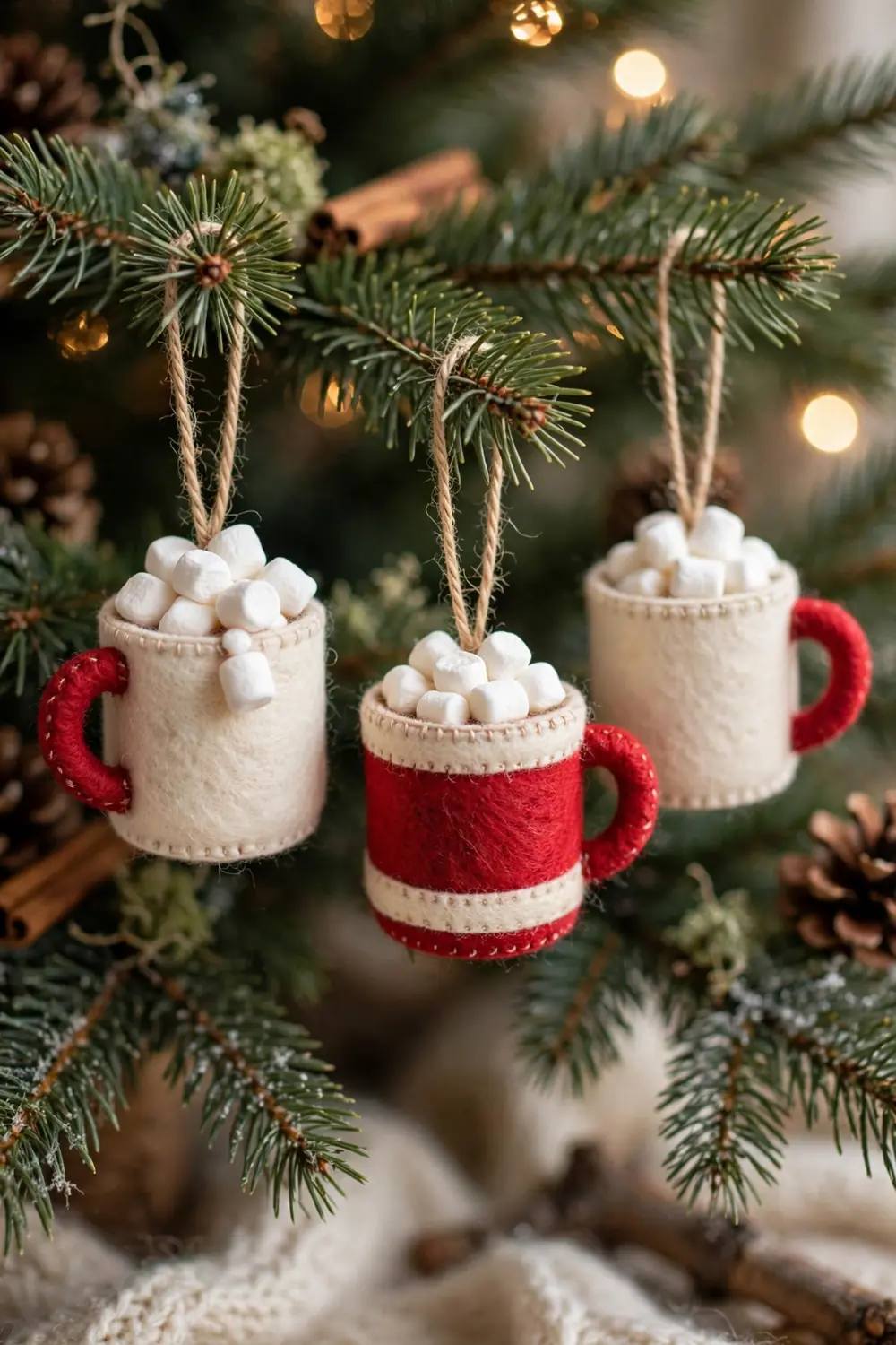Felt hot cocoa mug ornament with marshmallows, a sweet diy christmas ornament idea