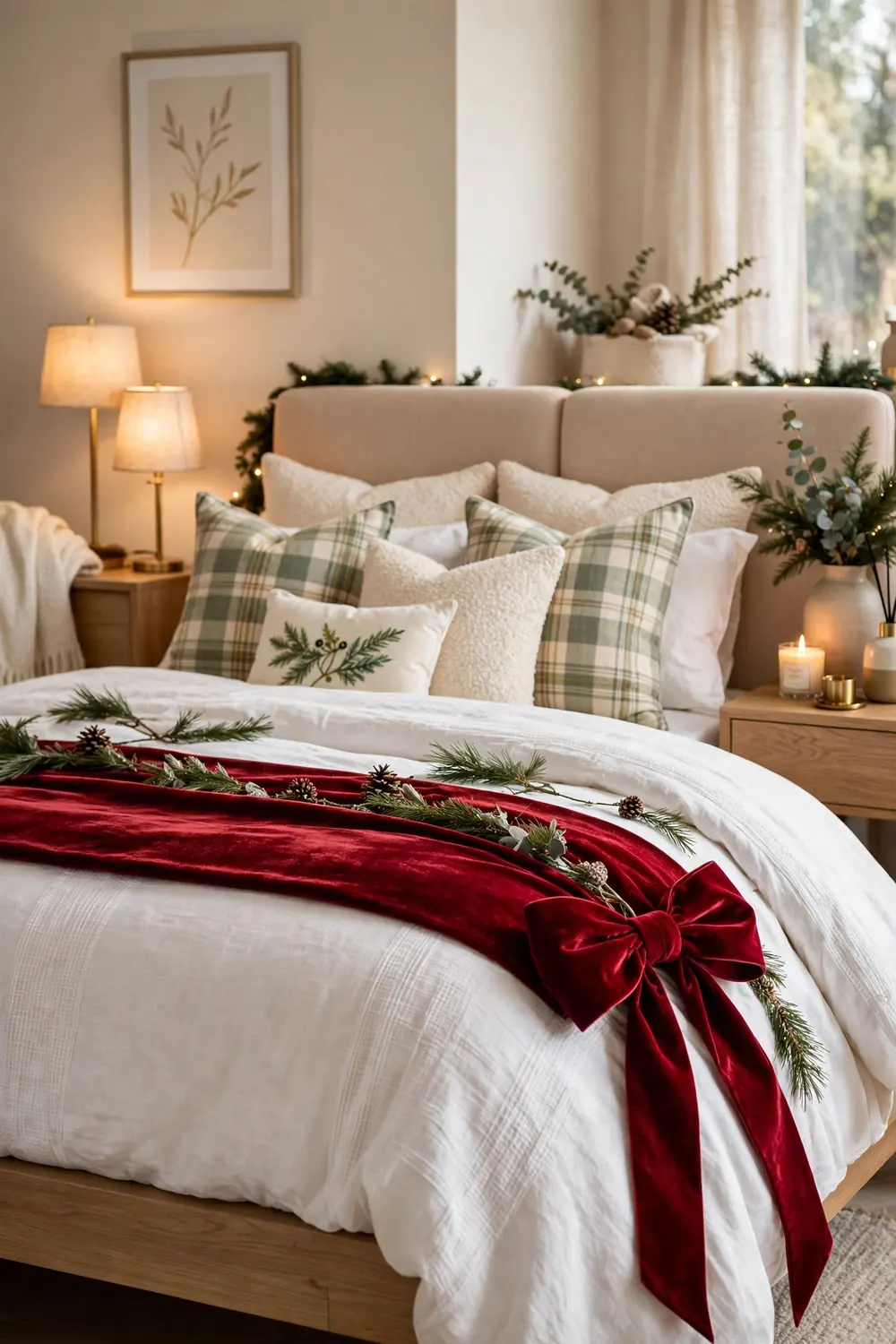 Festive bed runner with a big bow Festive red velvet bed runner with a big bow at the foot of a bed in christmas bedroom decor
