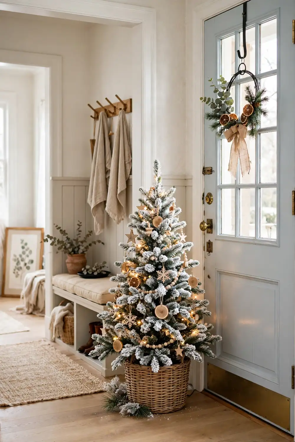 Small flocked Christmas tree in a wicker basket by the door