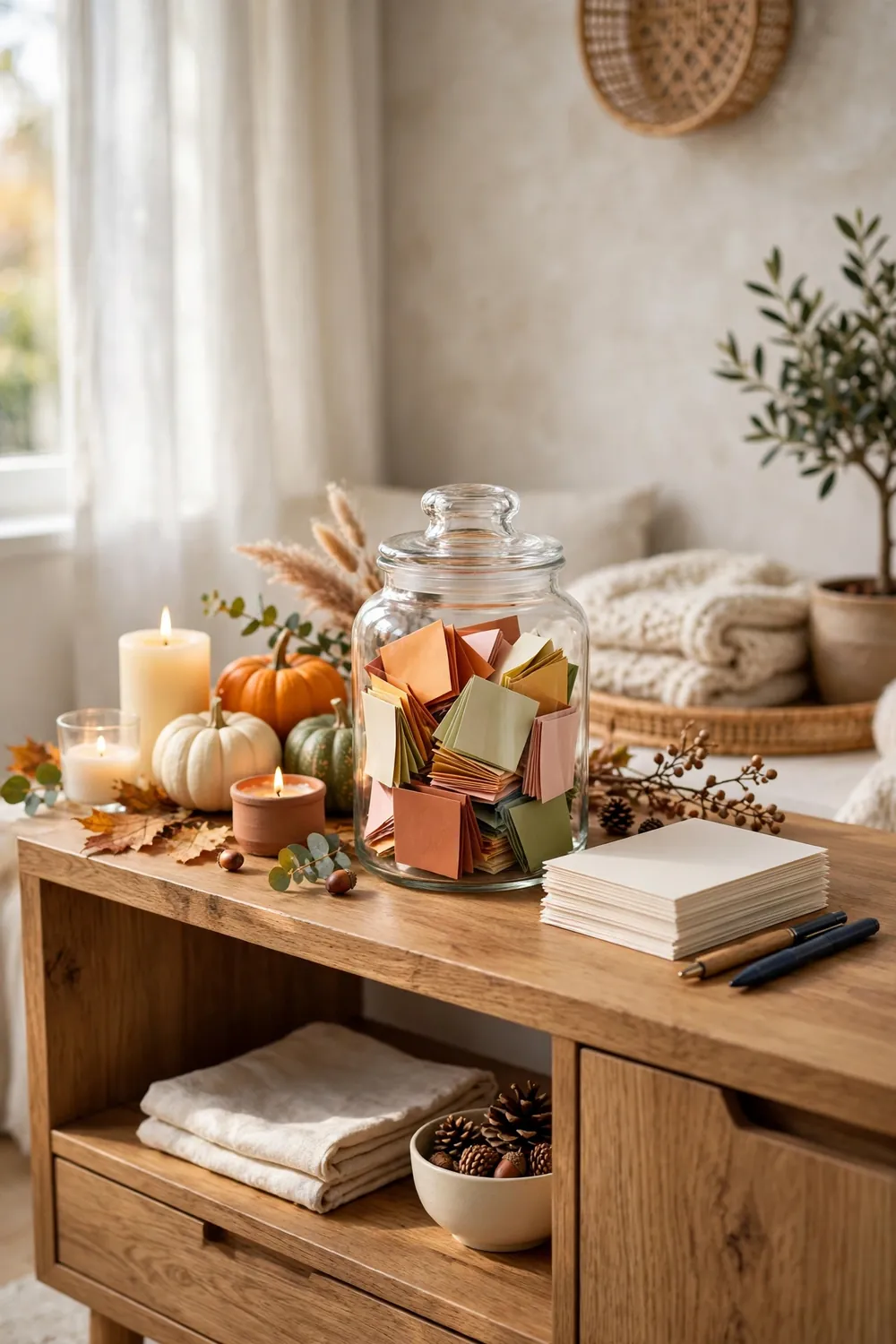 Gratitude jar and toast card station for friendsgiving guests
