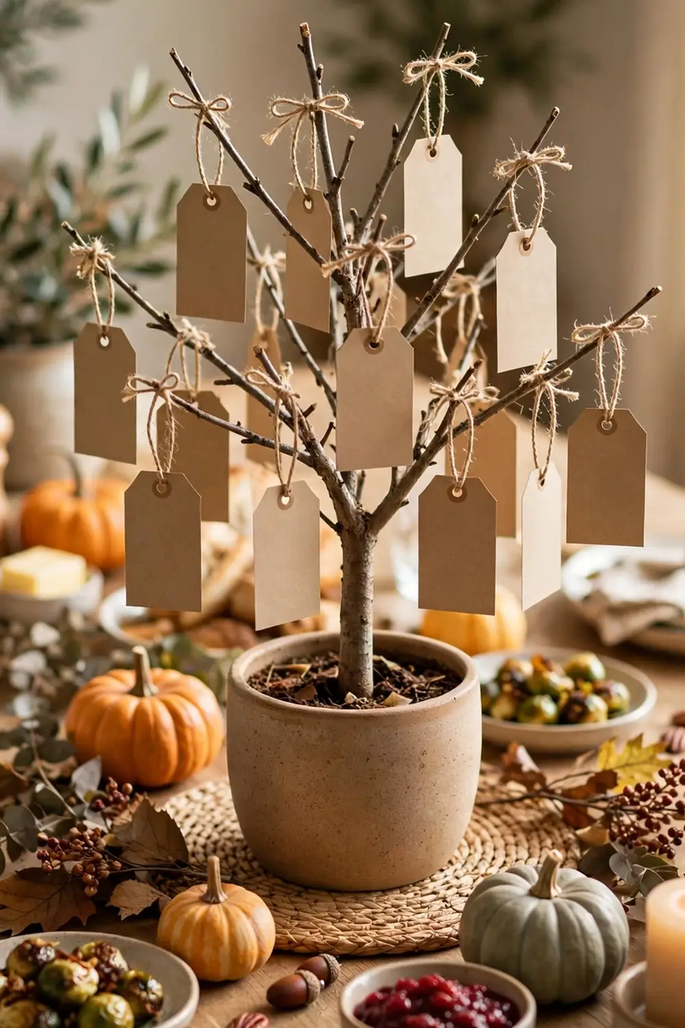 Gratitude tree centerpiece with paper tags on a Thanksgiving table, a thanksgiving centerpiece idea