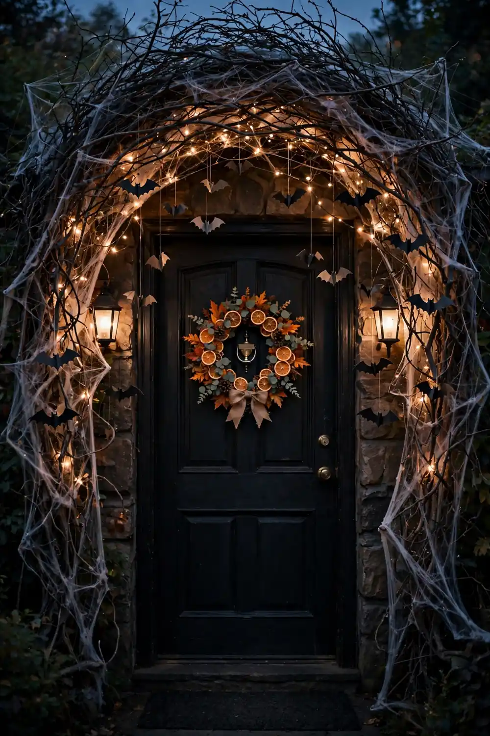 Haunted Entryway Arch Doorway framed by a lush arch of dark branches, cobwebs and twinkle lights, enchanting halloween front porch decor