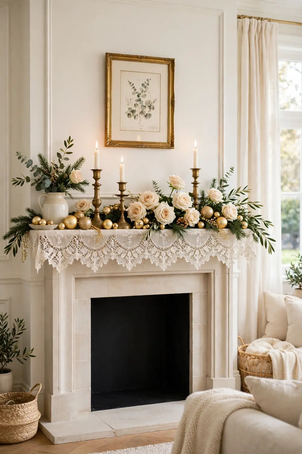 Heirloom Lace and Candle Christmas Mantel Heirloom lace Christmas mantel decor ideas with brass candles and cream roses