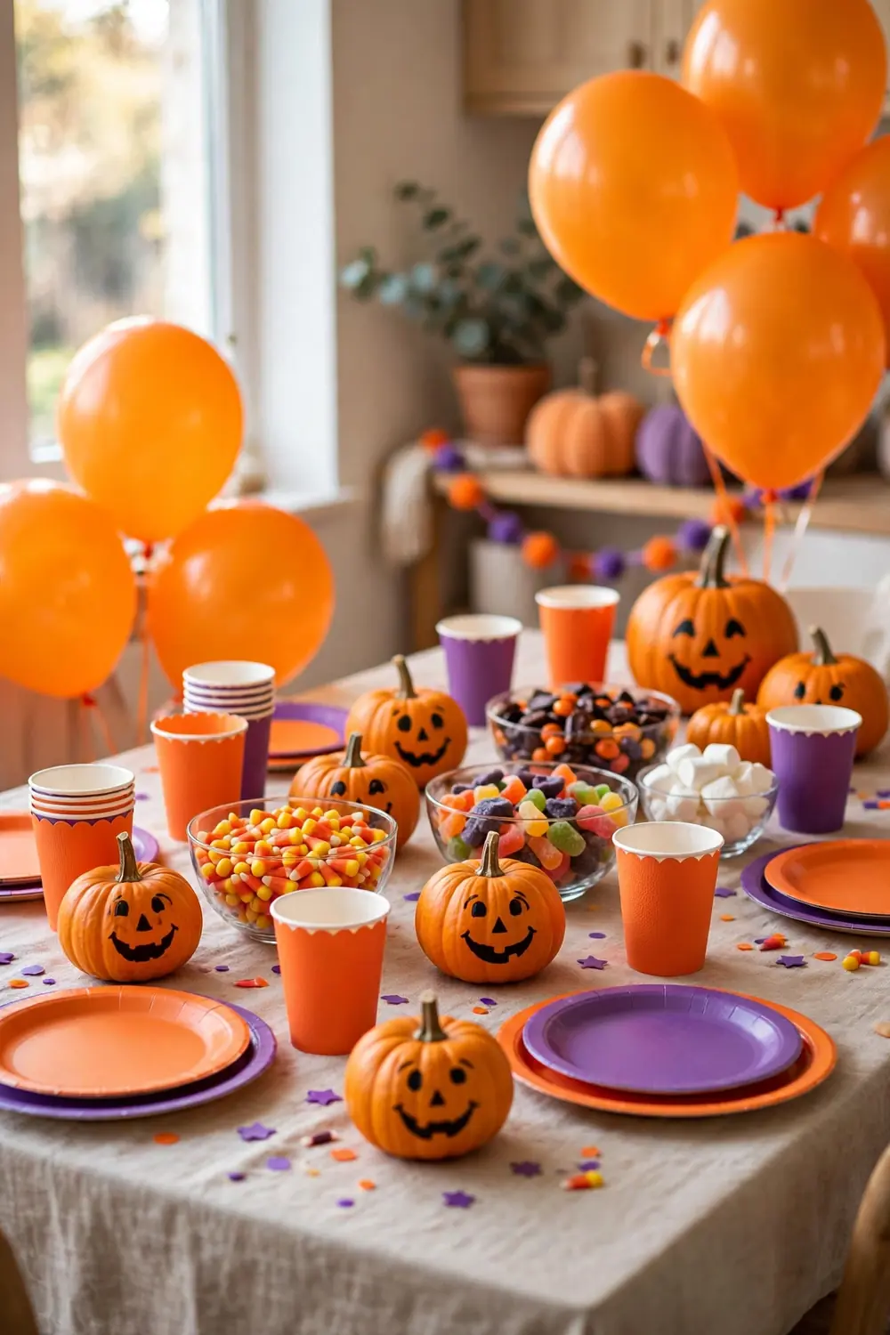Cheerful kid friendly Halloween table decor with smiling pumpkins, balloons and colorful party cups