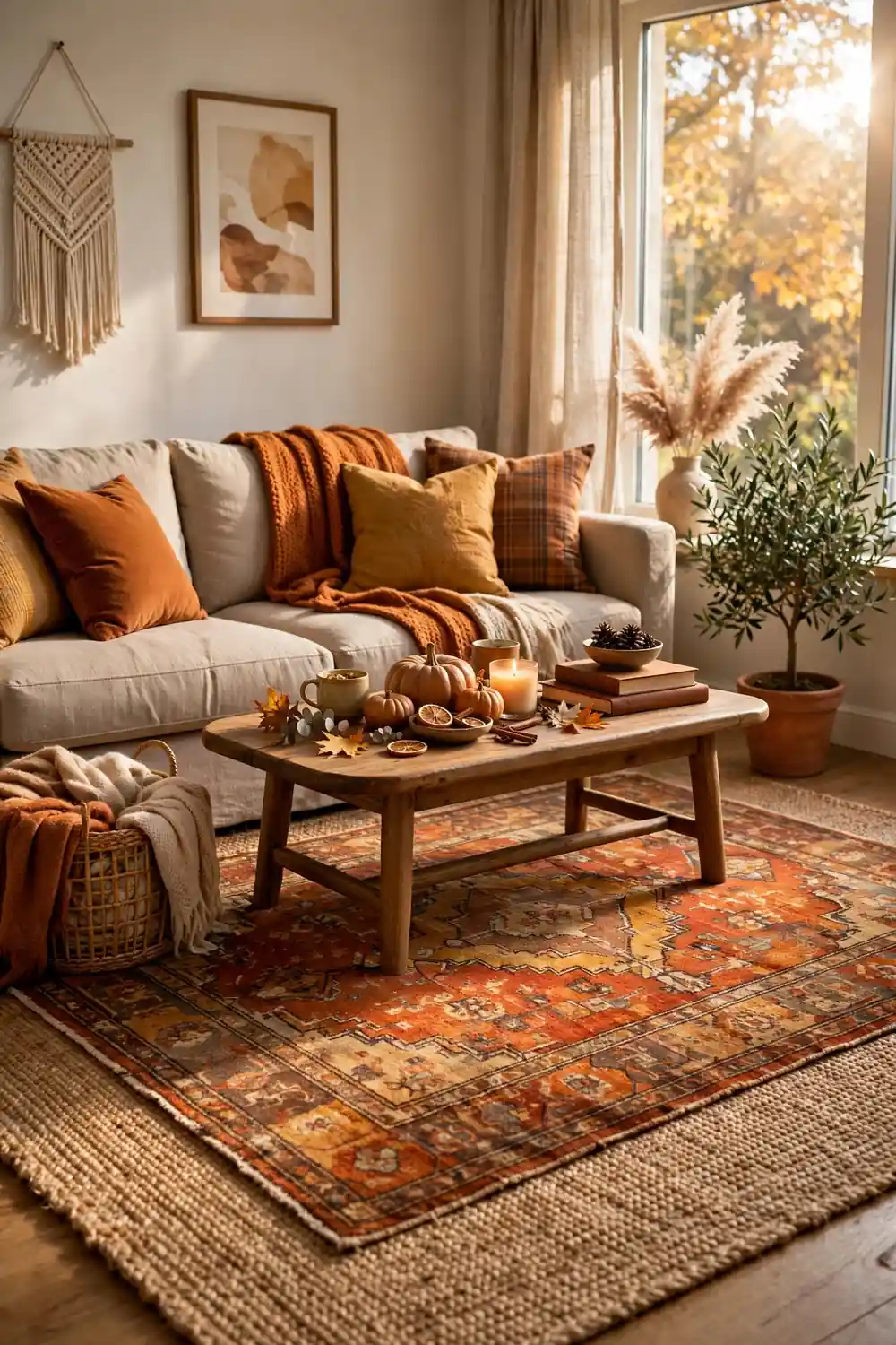 Layered jute and wool area rugs in a living room, a cozy fall living room decor idea