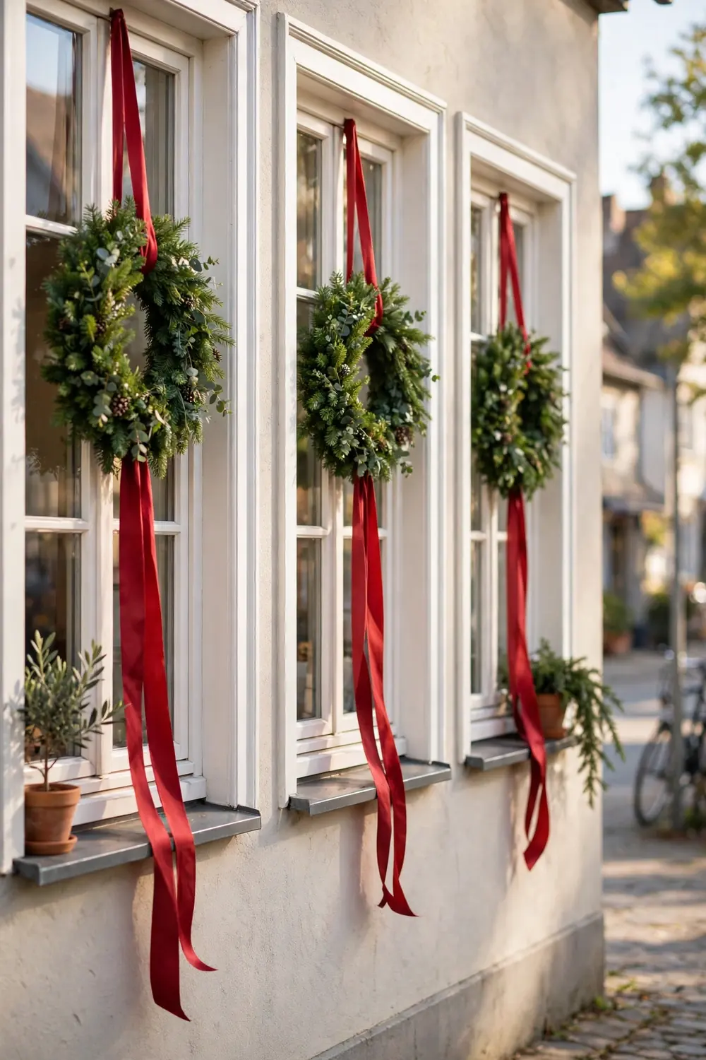 Trio of mini Christmas wreath ideas hanging on bright windows with red ribbon