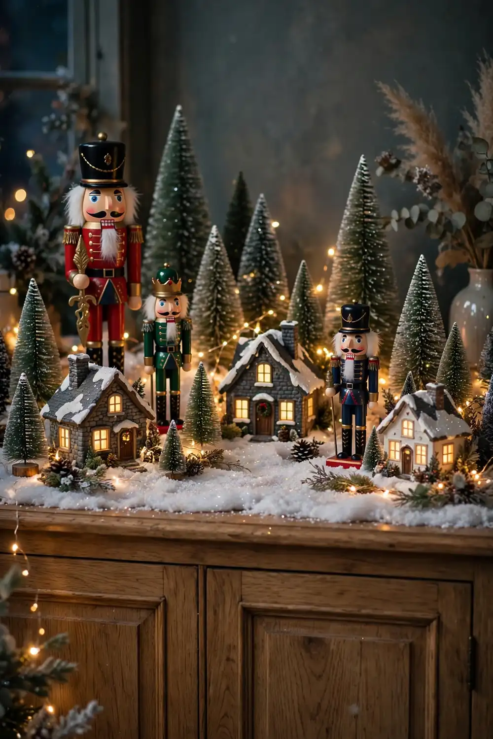 Nutcracker christmas decor ideas as a village scene with miniature houses, trees and fairy lights