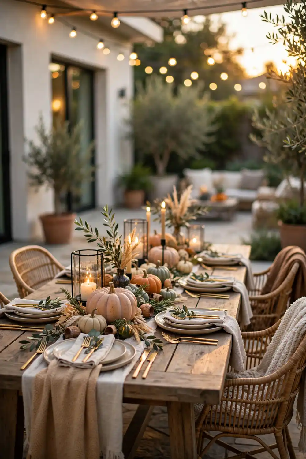 Outdoor Patio Thanksgiving Table | Smart Decor Finds Outdoor patio Thanksgiving table with string lights and pumpkins