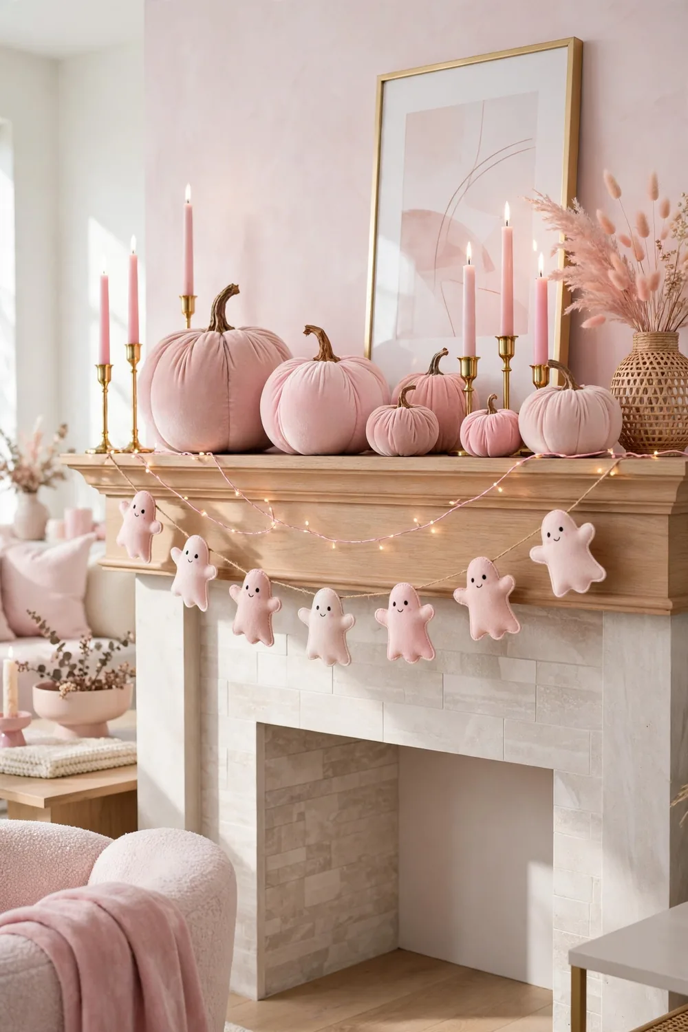 Pink Halloween mantel decor idea Trendy pink Halloween mantel with velvet pumpkins and pink candles