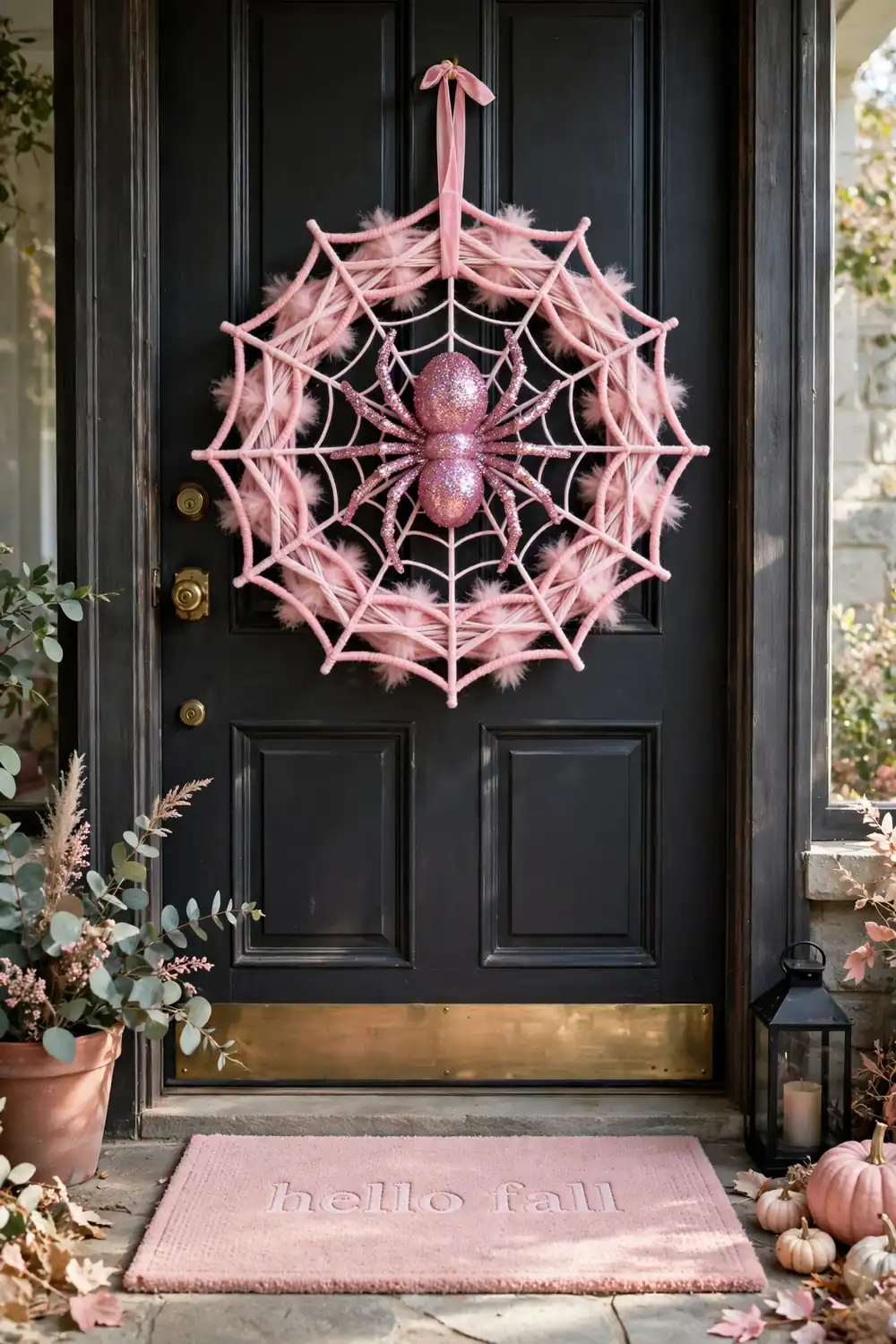 Pink spiderweb wreath with a glitter spider on a front door, crafty pink halloween decor ideas