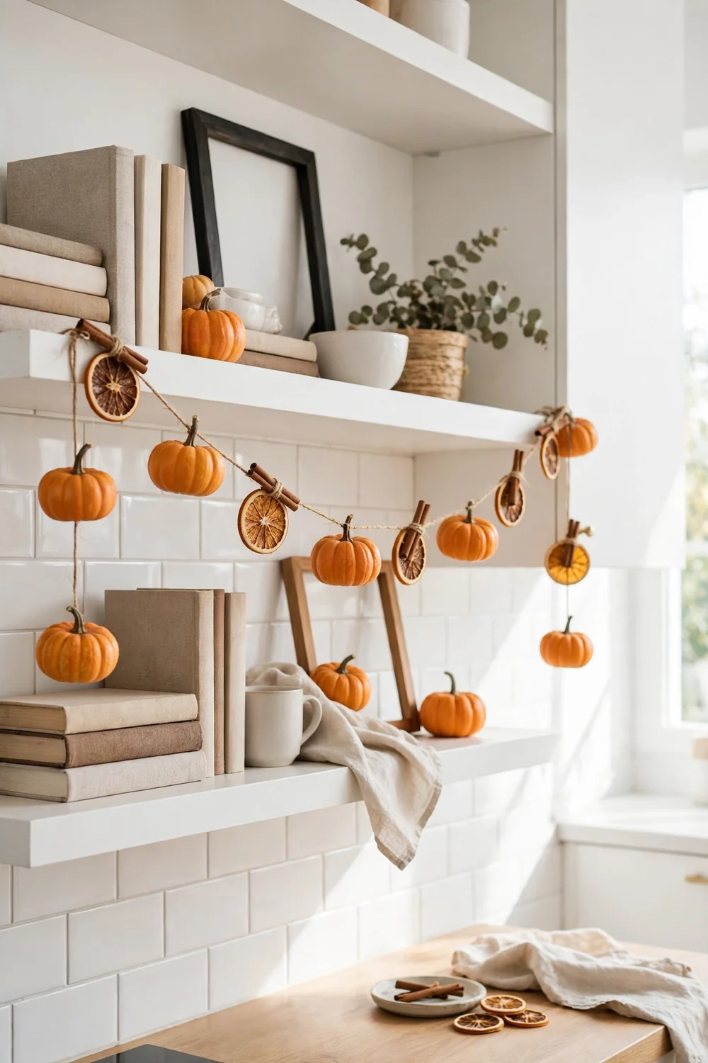 Twine garland of mini pumpkins with dried orange slices draped across open kitchen shelving, a sweet halloween pumpkin decor idea
