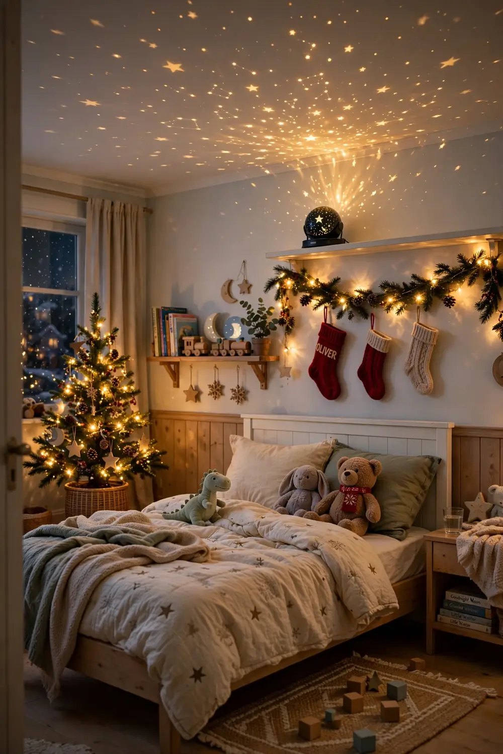 Child's bedroom ceiling with warm star light projection at Christmas, Christmas star decor ideas
