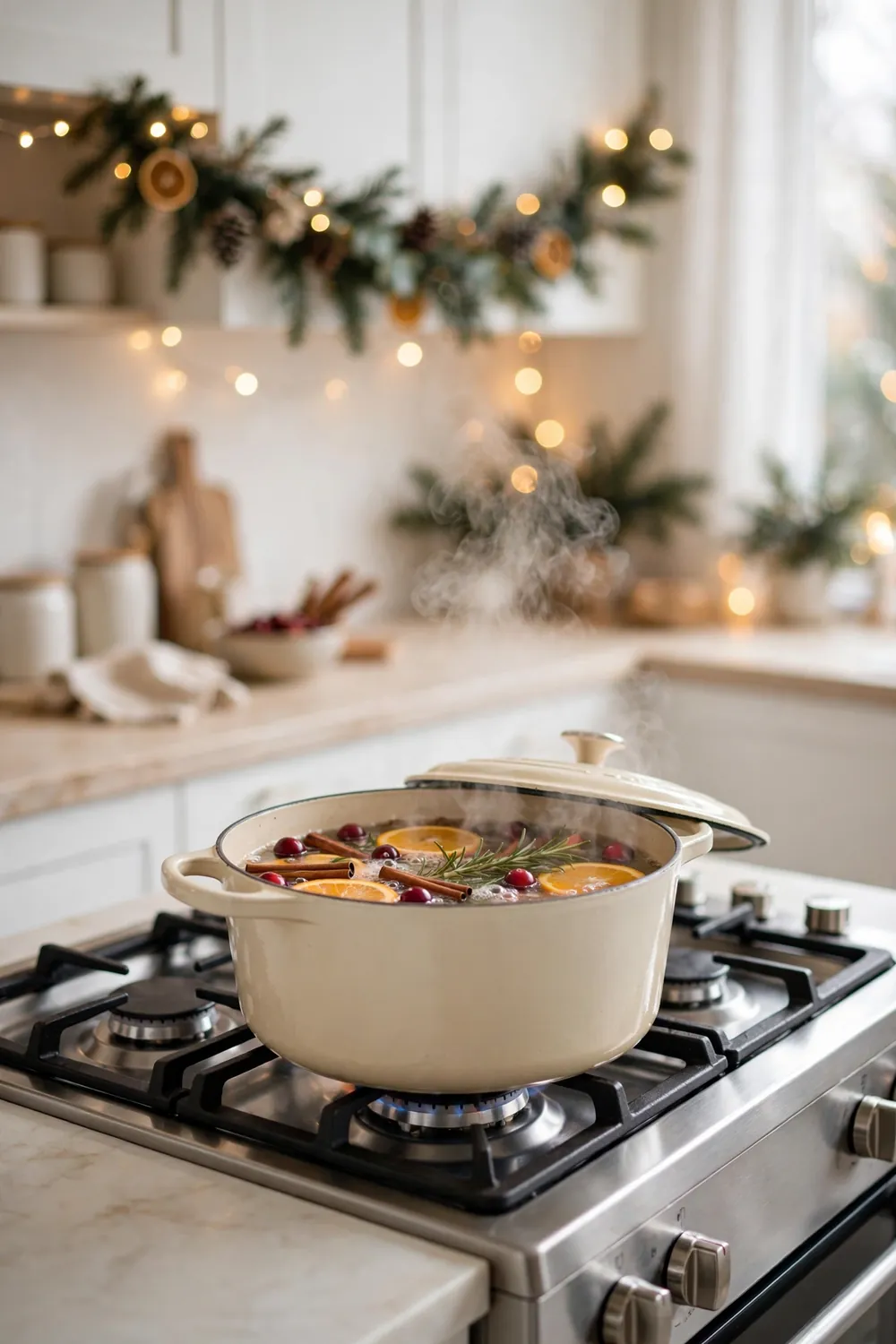 Stovetop Simmer Pot with Orange Slices and Cinnamon Christmas kitchen decor ideas with a stovetop simmer pot of orange slices, cinnamon sticks and cranberries