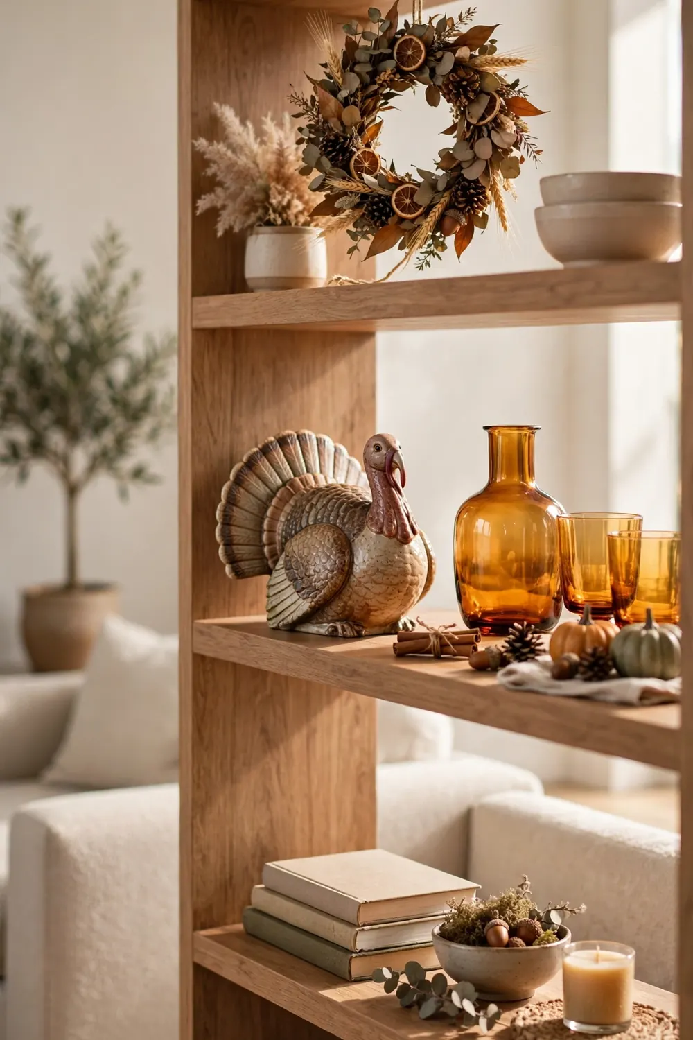 Subtle harvest motifs with wheat and fall leaves, finishing touch for thanksgiving living room decor ideas