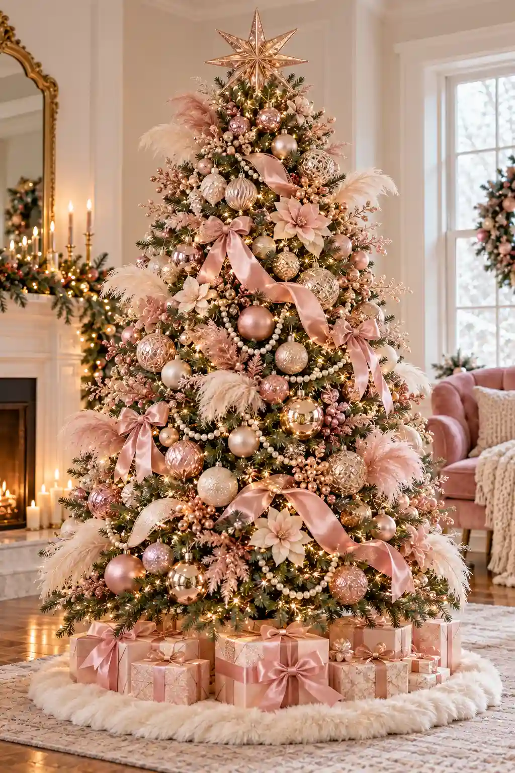 Romantic blush pink Christmas tree decorated with rose gold and cream ornaments, pink satin ribbon, pearl strands, feather picks, and a rose gold star.