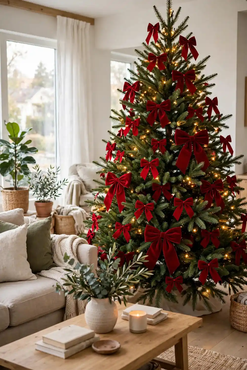 Christmas tree with red velvet bows of different sizes tucked deep through the branches as ornaments