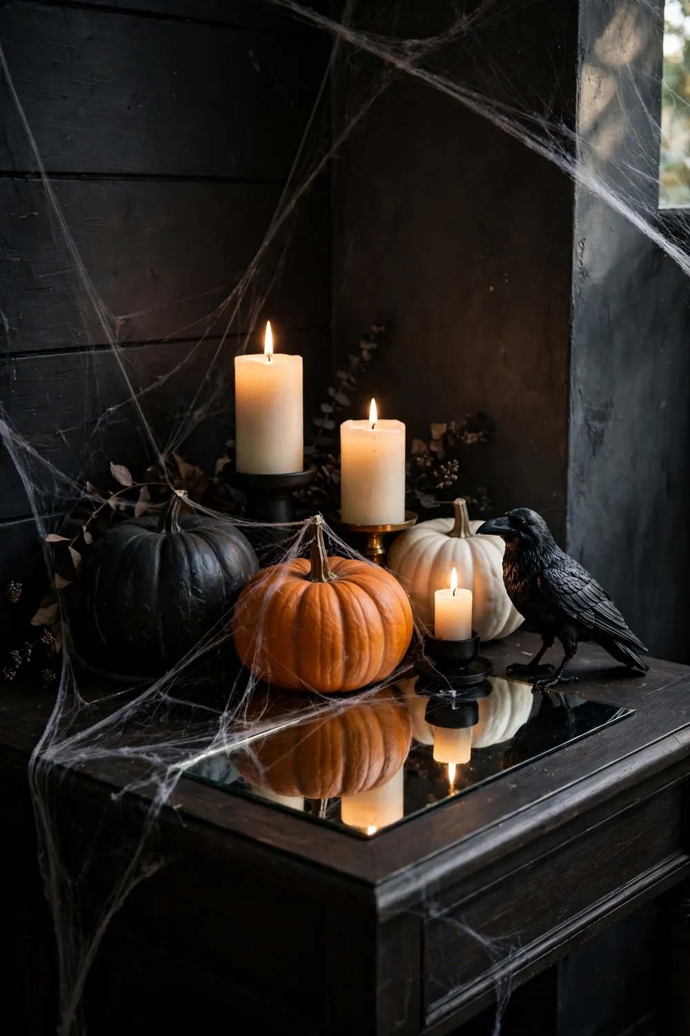 Candlelit corner vignette of black orange and white pumpkins with pillar candles and faux cobwebs on a side table