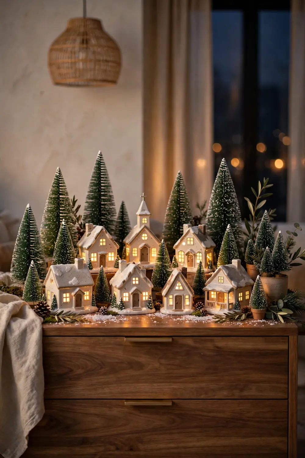 Lit Christmas village display glowing on a sideboard, cozy christmas living room decor ideas
