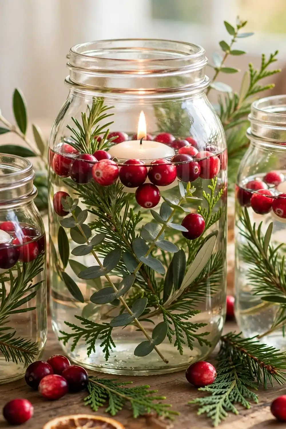 Mason jars with floating candles and cranberries, a thanksgiving centerpiece idea