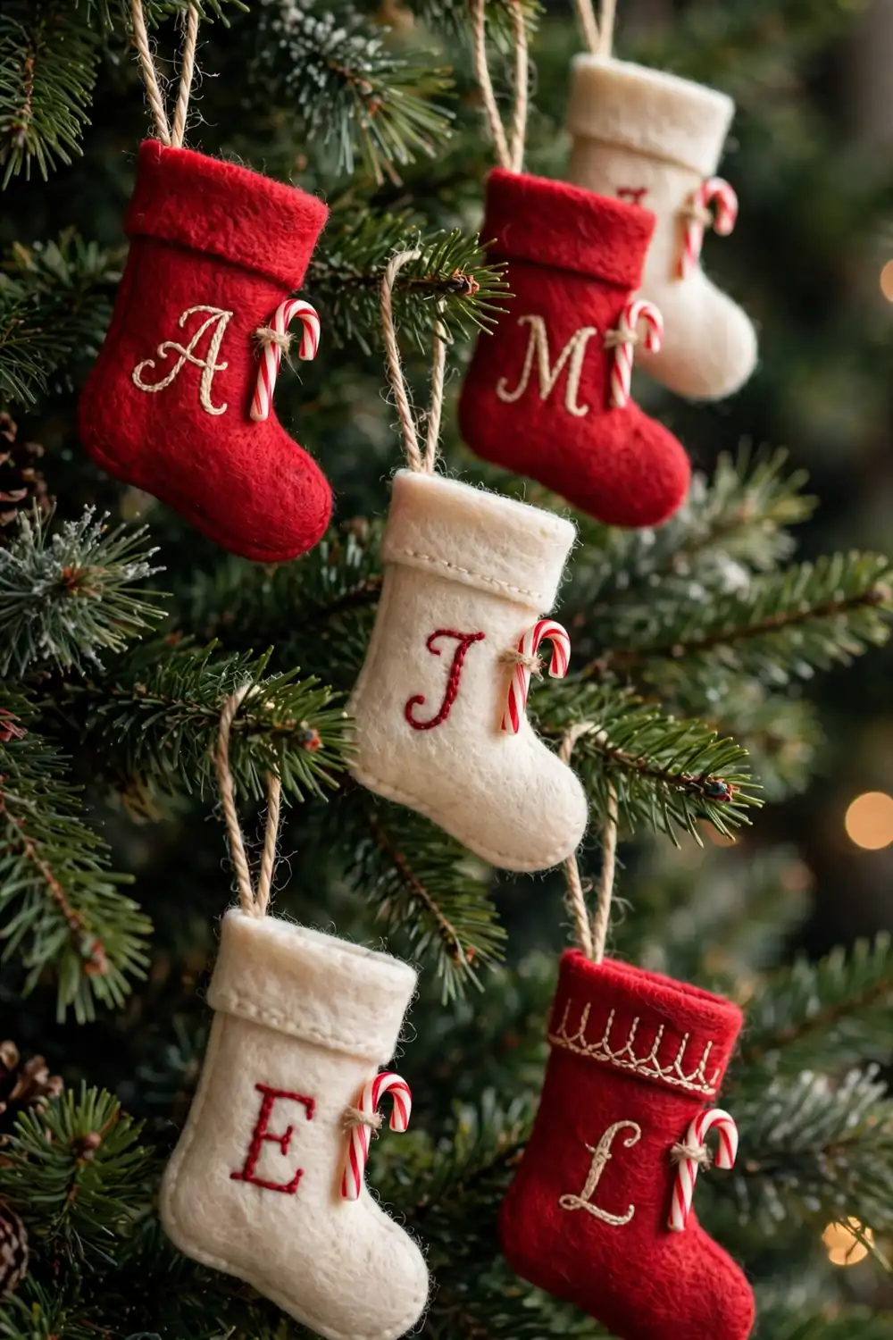 Mini felt stocking ornament with an embroidered initial, a sweet diy christmas ornament idea