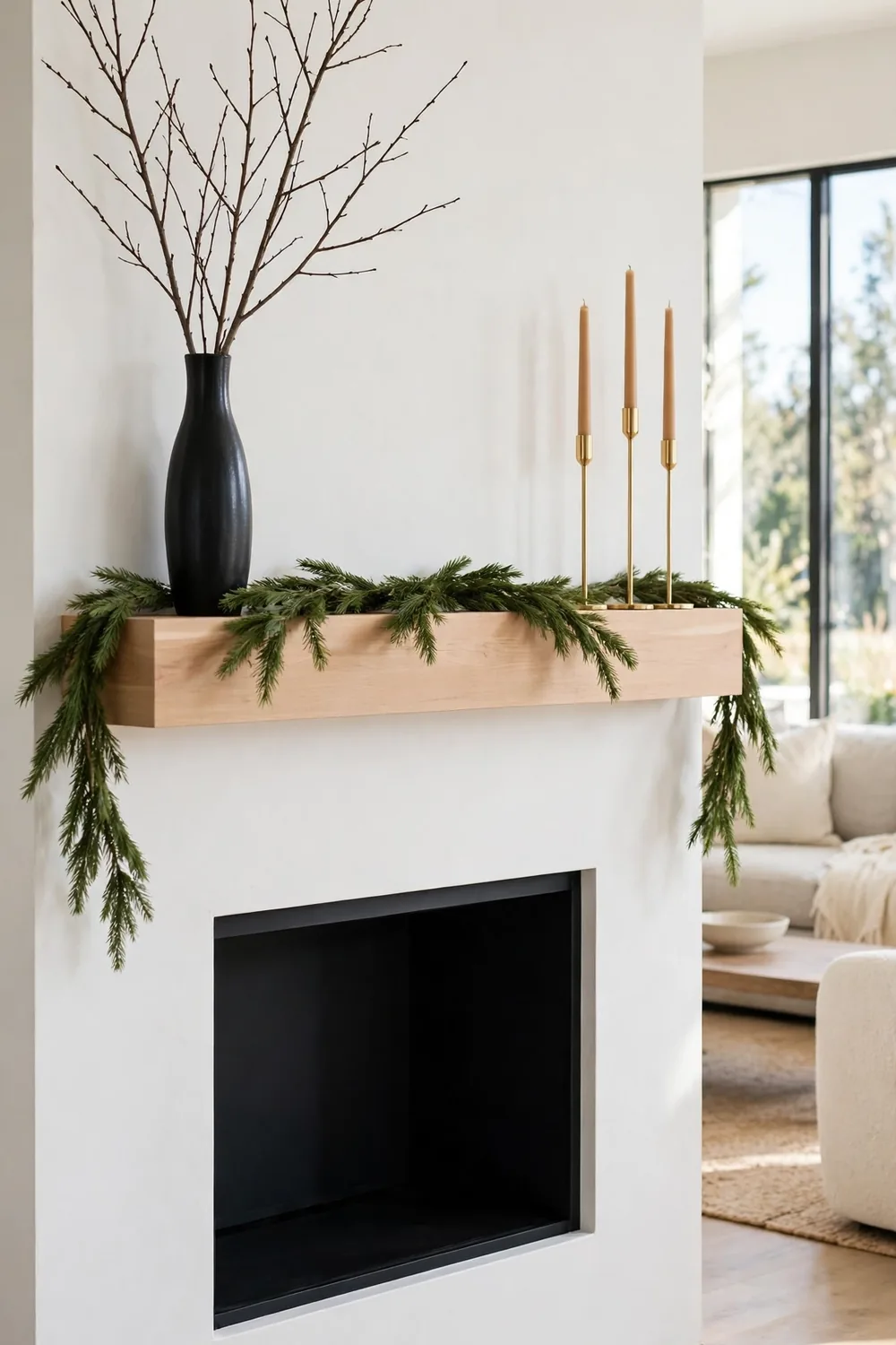 Minimal Modern Christmas Mantel Minimal modern Christmas mantel decor ideas with a black vase and brass candles