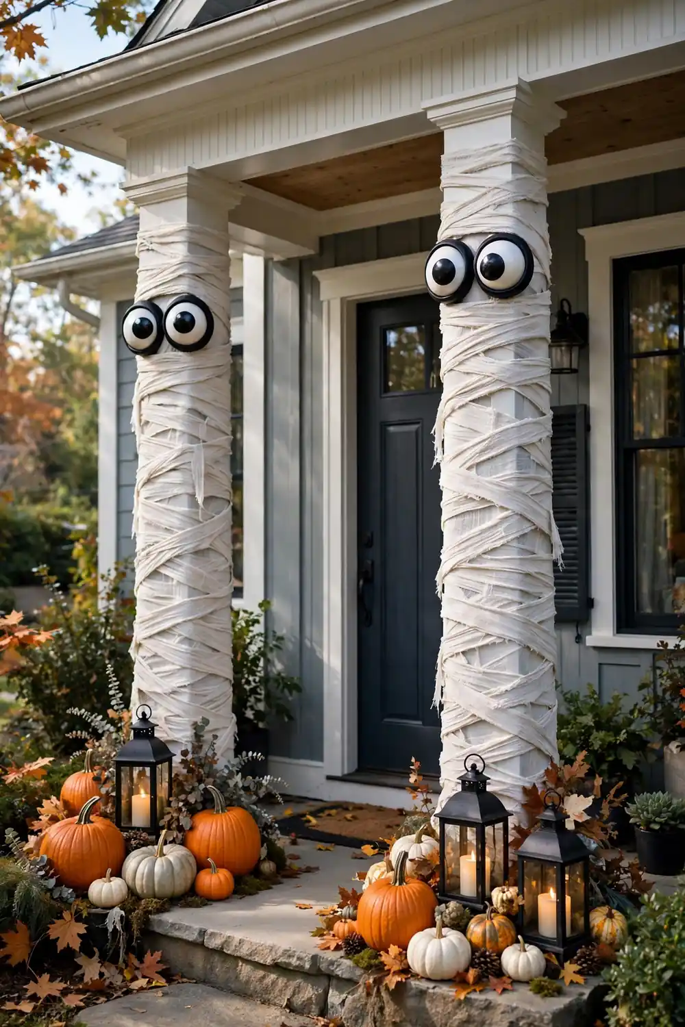Mummy-Wrapped Columns Porch columns wrapped in white mummy gauze with big eyes, pumpkins and lanterns at the base, playful halloween front porch decor