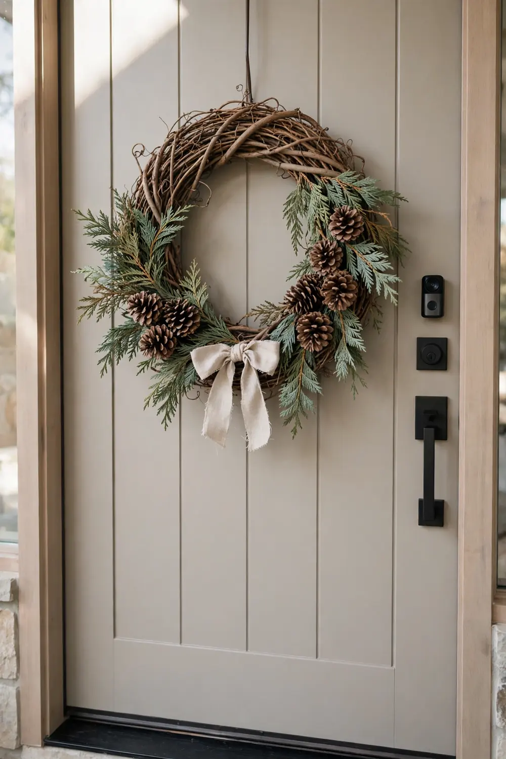 Natural grapevine Christmas wreath ideas with simple greenery and pinecones