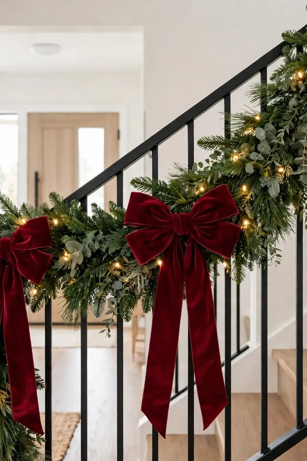 Evergreen christmas garland ideas for a staircase with large burgundy velvet bows and warm lights